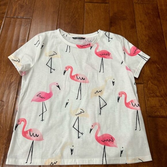 Size Medium Flamingo White Tshirt SHEIN - Picture 1 of 1